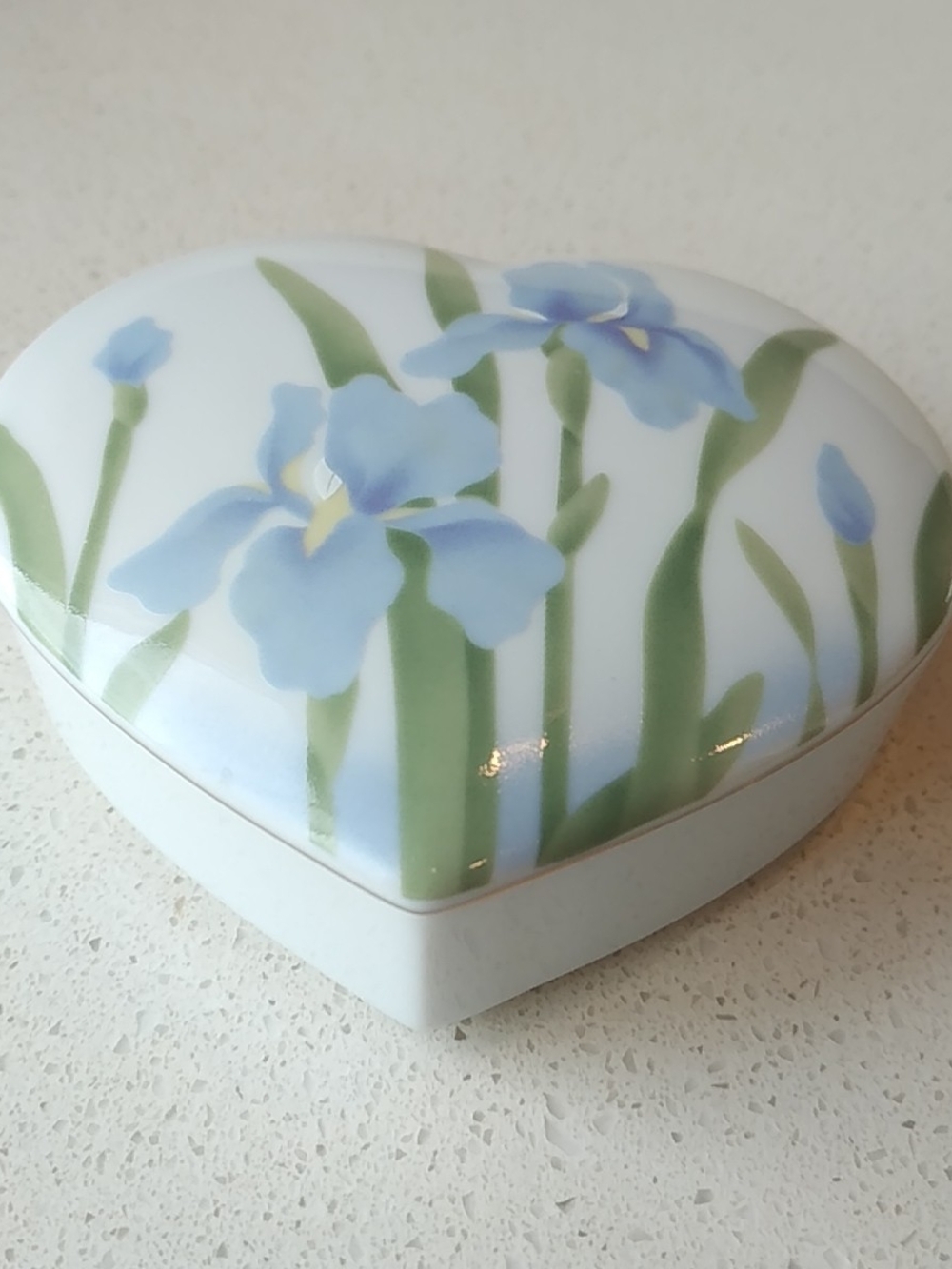 Vintage Otagiri Japan Heart-Shaped Porcelain Trinket Box with Blue Iris Design